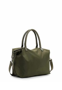 Olive green waterproof handbag with dual handles, detachable shoulder strap, zippered pocket, and smooth texture. Simple rectangular shape.