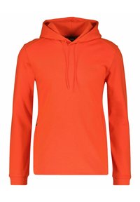 Sudadera de manga larga de color naranja brillante con capucha ajustable, logo sutil en relieve en el pecho y bolsillos laterales con cremallera, exhibida sobre un fondo blanco.