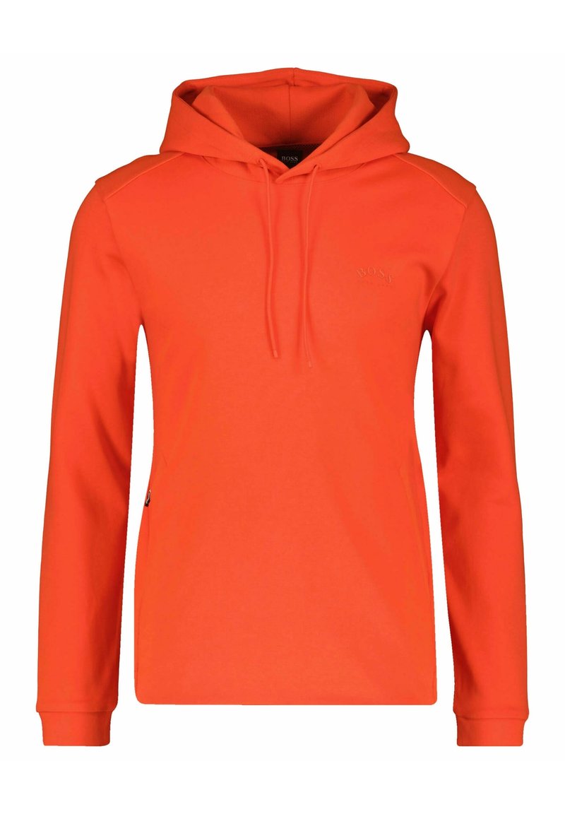 Lys orange långärmad hoodie med dragsko, subtilt präglad logotyp på bröstet och sidofickor med dragkedja, visad på vit bakgrund.