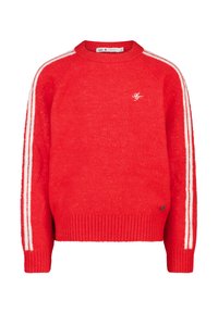 Roter Strickpullover mit einem gerippten Saum, runder Halslinie und weißen Streifenakzenten an den Ärmeln. Verfügt über ein kleines Logo auf der Brust.