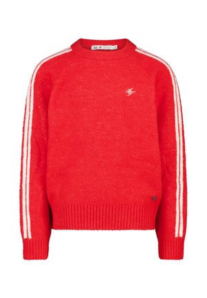 Rode gebreide trui met een geribde zoom, ronde halslijn en witte gestreepte accenten op de mouwen. Bevat een klein logo op de borst.