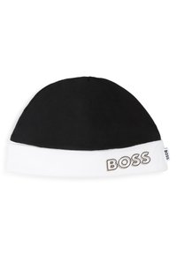 Beanie nera con risvolto bianco, con la scritta "BOSS" ricamata in beige sul davanti. Realizzata in tessuto testurizzato, offre elasticità.