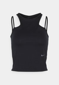 Crop top sportivo senza maniche di colore nero con sottili spalline doppie e piccolo logo Nike grigio sul lato inferiore.