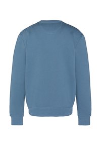Felpa blu, collo a giro in costina, maniche lunghe e tessuto testurizzato. Design semplice senza loghi o motivi visibili, finitura liscia.