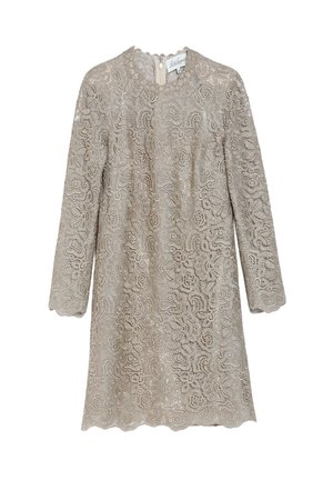 Beigefarbenes Spitzenkleid mit langen Ärmeln, floralem Muster, gewellten Kanten, rundem Ausschnitt und Reißverschluss hinten.