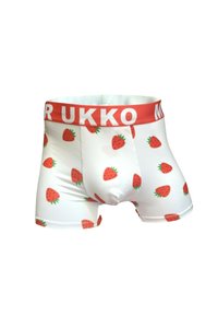 Vita boxershorts med ett jordgubbstryck, med ett rött midjeband som visar texten "MR UKKO." Tillverkade av ett mjukt, elastiskt tyg.