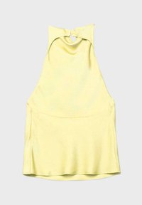Robe sans manches en satin jaune avec col licou et petite découpe en forme de goutte d'eau à l'arrière, posée à plat sur un fond clair.