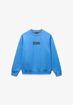 Modrá mikina z měkké látky s kulatým výstřihem a žebrovanými manžetami. Na přední straně má černou logo nášivku.