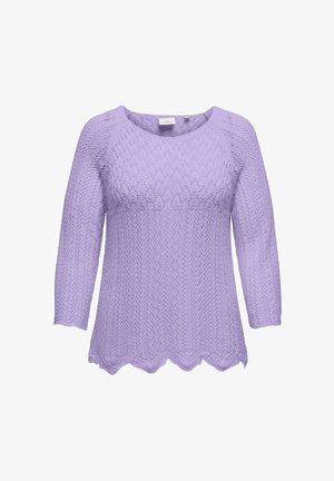 Pulover tricotat în lavandă deschisă, cu un model texturat în diamante, guler rotund și mâneci 3/4; margine ondulată la marginea de jos.
