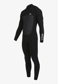 Black wetsuit with long sleeves and integrated chest panel; features RVCA logo on sleeves, smooth texture, and streamlined design.