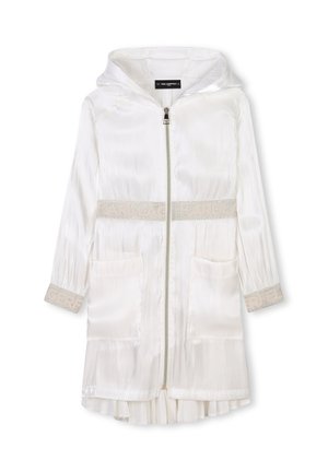 Witte hoodie met rits aan de voorkant, twee zakken, geplooide zoom en glinsterende banddetails op de manchetten en taille met tekst.