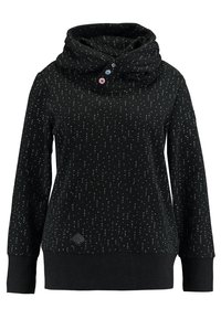 Felpa a maniche lunghe nera con motivi a piccoli cuori blu chiaro, tasca frontale, polsini larghi e tre bottoni decorativi sul colletto.
