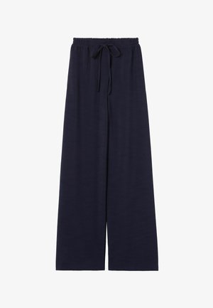 Pantalones de pierna ancha en color azul marino hechos de tela ligera. Cuentan con una cintura elástica con cordón y una textura suave.