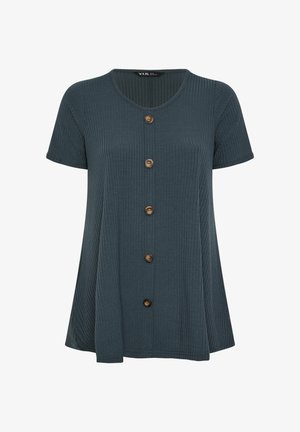 Donkergroene geribbelde korte mouwen shirt met ronde halslijn en vijf bruine knopen in het middenvoorkant.