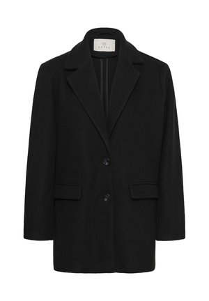 Black wool blend coat with a notched collar, front buttons, two patch pockets, and a straight cut for a tailored appearance.