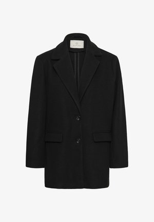 Black wool blend coat with a notched collar, front buttons, two patch pockets, and a straight cut for a tailored appearance.