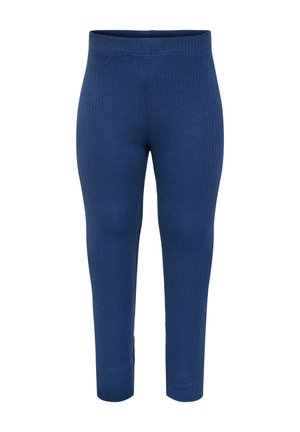 Leggings bleus côtelés avec une taille haute, offrant un tissu extensible et un design ajusté qui se resserre aux chevilles.