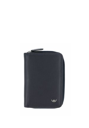 Portefeuille compact en cuir noir avec fermeture éclair et petit logo ailé argenté en bas à droite sur le devant.