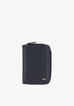 Portefeuille compact en cuir noir avec fermeture éclair et petit logo ailé argenté en bas à droite sur le devant.