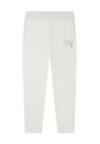 Pantalones jogger blancos hechos de tela suave, con una textura lisa, dos bolsillos laterales y un acento decorativo "FY" en pedrería.
