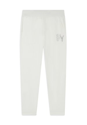 Pantaloni jogger bianchi realizzati in un tessuto morbido, caratterizzati da una superficie liscia, due tasche laterali e un accento decorativo "FY" in strass.