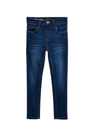 Tmavomodré detské úzke džínsy s prednými a zadnými vreckami, opaskovými slučkami a zapínaním na gombík, zobrazené na bielom pozadí.