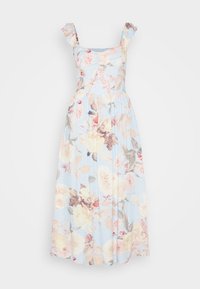 Květinové midi šaty z jasně modré látky, s volánkovými ramínky, přiléhavým živůtkem a splývavou sukní se vzory velkých růží a listů.