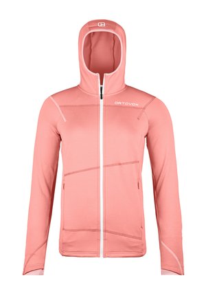Rosa Zip-Hoodie aus weichem Material. Er hat eine eng anliegende Kapuze, weiße Akzentnähte und eine schmale Silhouette mit Fronttaschen.