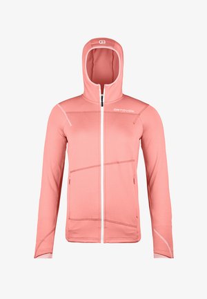 Rosa Zip-Hoodie aus weichem Material. Er hat eine eng anliegende Kapuze, weiße Akzentnähte und eine schmale Silhouette mit Fronttaschen.