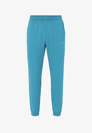 Pantaloni sportivi blu chiaro realizzati in tessuto morbido, con vita elastica, gambe affusolate e un logo discreto sulla parte anteriore.