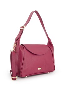 Fuchsia leather shoulder bag with gold hardware, soft texture, rounded shape, and a flap closure. Adjustable strap for versatility.