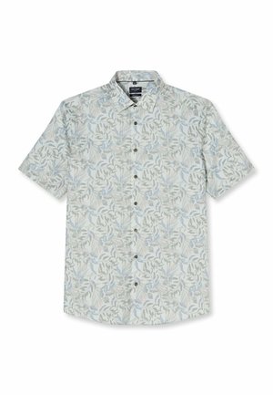 Chemise à manches courtes avec boutons, base gris clair et motif subtil de feuilles bleues et beiges, col classique.
