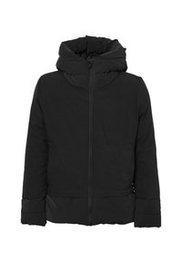 Giacca a vento nera con cappuccio alto imbottito, chiusura con cerniera frontale e polsini a costine. Tessuto liscio e lucido senza pattern o dettagli visibili.