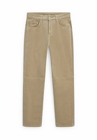 Pantalon beige à jambes droites avec bouton et fermeture éclair devant, poches latérales et détail visible de couture au niveau des genoux.