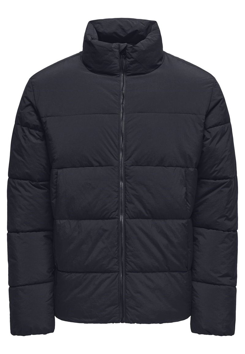 Black puffer jacket featuring a high collar, horizontal quilted design, full-zip front, and elastic cuffs for snug warmth.