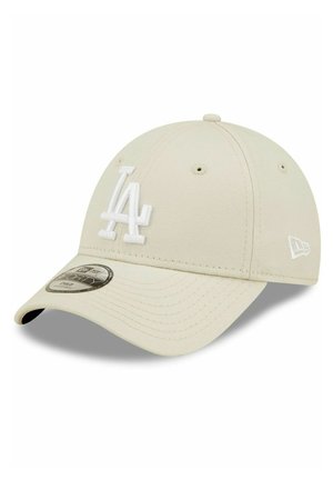 Beige Baseballmütze aus Baumwolle mit weißem, gesticktem "LA"-Logo auf der Vorderseite, gebogenem Schirm und sechs Paneelen mit Lüftungslöchern.