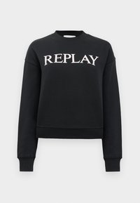 Zwarte sweatshirt met een ronde hals en verlaagde schouders. "REPLAY" is in grote witte letters over de borst gedrukt. Ribgebreide manchetten en zoom.