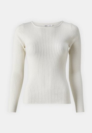Ribbed cream long-sleeve sweater with a round neckline, form-fitting shape, and subtle texture. Brand label is visible on the neckline.