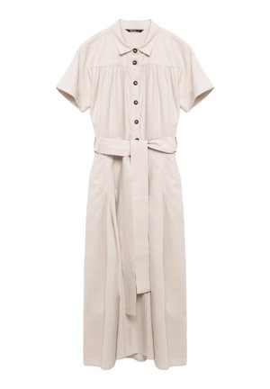 Beige mekko, jossa on lyhyet hihat, nappikiinnitys edessä, kapea vyötärö kankaasta valmistetulla vyöllä ja pleatatut hameen yksityiskohdat.