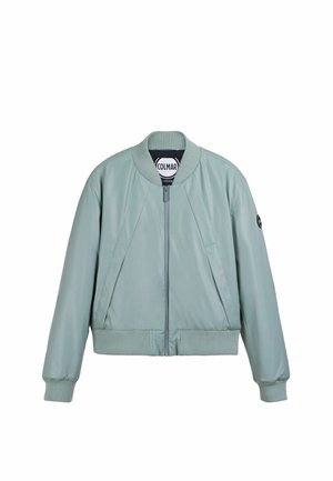 Svetlozelená bomber bunda vyrobená z hladkého nylonu. Obsahuje rebrované manžety a spodný lem, výrazný zips a detaily na bočných paneloch.