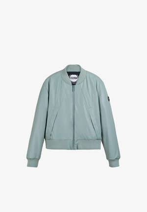 Lichtgroene bomberjack van glad nylon. Heeft ribgebreide boorden en zoom, opvallende ritssluiting en details aan de zijkanten.