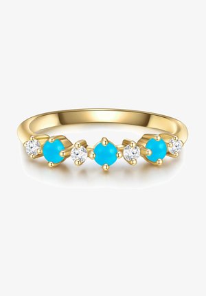 Aranygyűrű, amelyen öt váltakozó türkizkő és tiszta drágakő található, sima, fényes sávba foglalva.