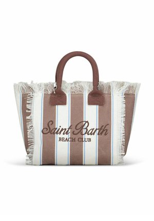 Borsa tote in tela a righe marrone e bianca con bordi sfrangiati e la scritta "Saint Barth Beach Club" stampata sul davanti, dotata di due manici marroni.