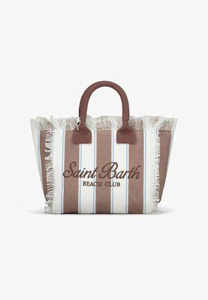 Braun-weiß gestreifte Canvas-Tragetasche mit ausgefransten Kanten und "Saint Barth Beach Club" auf der Vorderseite, mit zwei braunen Griffen.