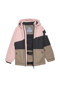 Giubbotto imbottito con parte superiore rosa, parte centrale nera e parte inferiore kaki. Dotato di cappuccio, zip frontale e tasche laterali. Texture morbida.