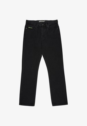 Černé džíny s rovnými nohavicemi z denimu, s přední kapsou zdobenou neonově zeleným prošíváním, designem s pěti kapsami a klasickým zapínáním na knoflíky.