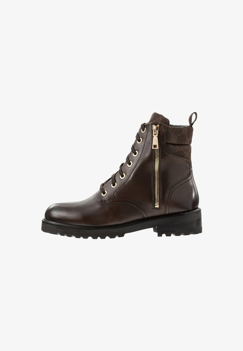 Bottine en cuir marron foncé avec lacets, fermeture éclair latérale dorée, col matelassé avec motif discret et semelle en caoutchouc épaisse.