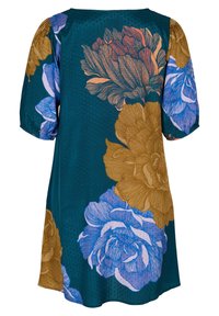 Abito turchese con grandi stampe floreali in blu, senape e corallo, dotato di maniche corte a sbuffo e tessuto a pois testurizzato.