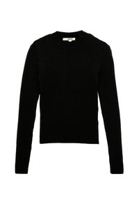 Suéter negro de punto con cuello redondo, mangas largas y textura acanalada. Presenta costuras diagonales en la parte delantera para un detalle adicional.