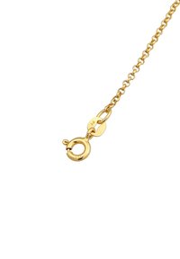 Goldene Kette mit ovalen und runden Gliedern. Mit einem Karabinerhaken zum Verschließen. Glatte Textur, glänzende Oberfläche, minimalistisches Design.